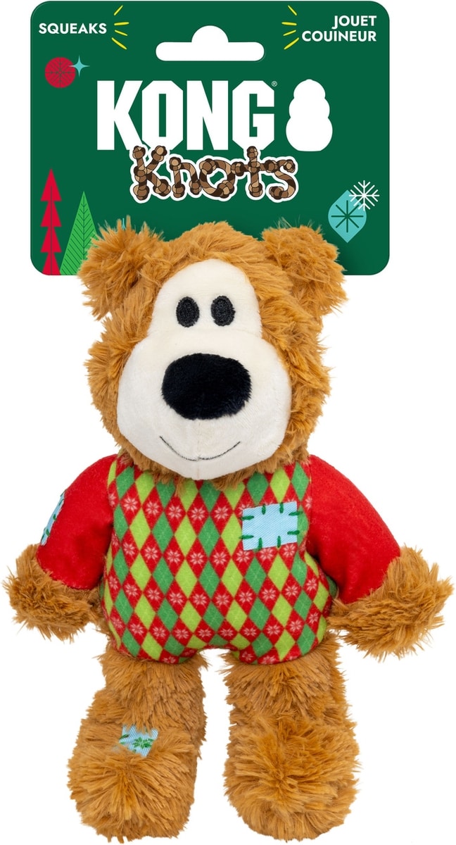 KONG Holiday Wild Knots Sweater Bear Squeaky Plush Dog Toy, Small/Medium