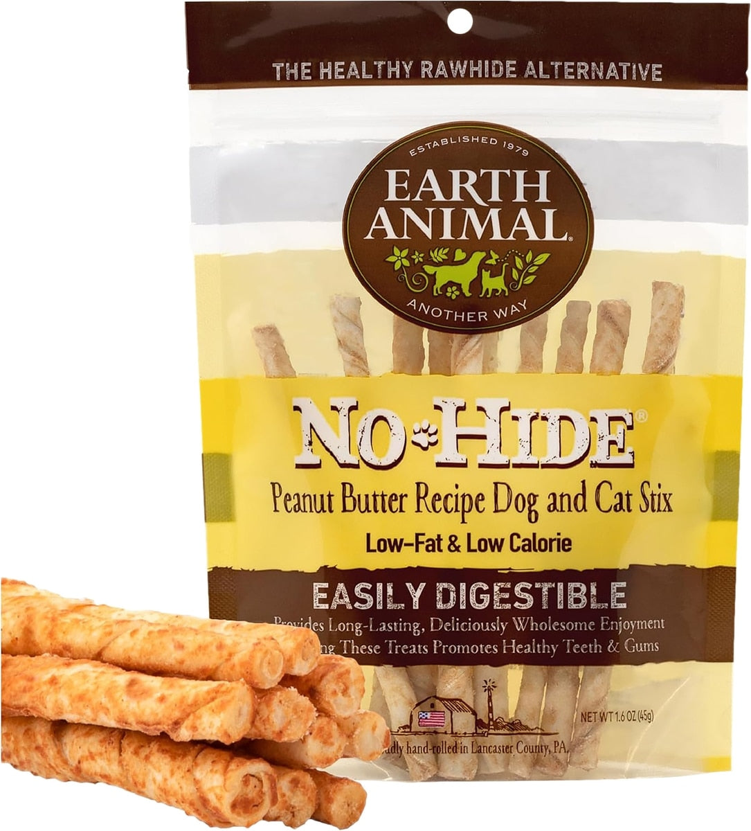 Earth Animal No-Hide Stix Peanut Butter Recipe Rawhide Alternative Chew Dog & Cat Treat Sticks