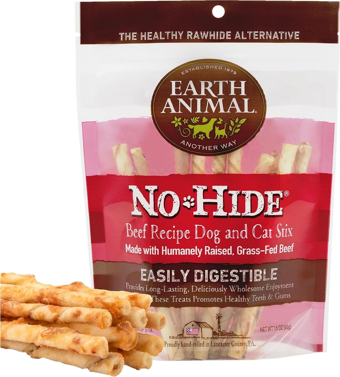 Earth Animal No-Hide Stix Beef Recipe Rawhide Alternative Chew Dog & Cat Treat Sticks