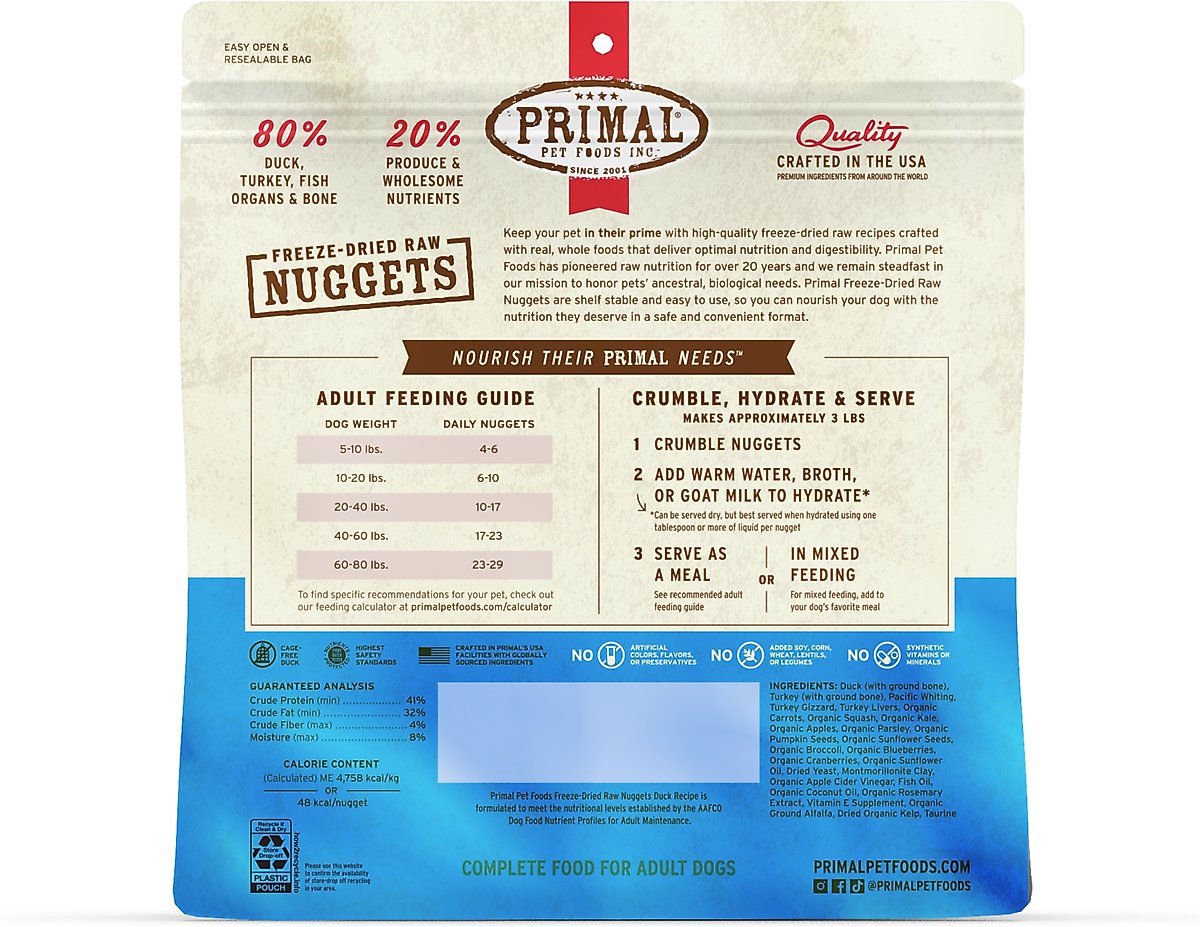 Primal Duck with Turkey & Fish Formula Nuggets Raw Freeze-Dried Dog Food