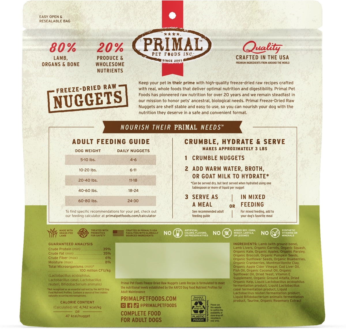 Primal Lamb Formula Nuggets Raw Freeze-Dried Dog Food