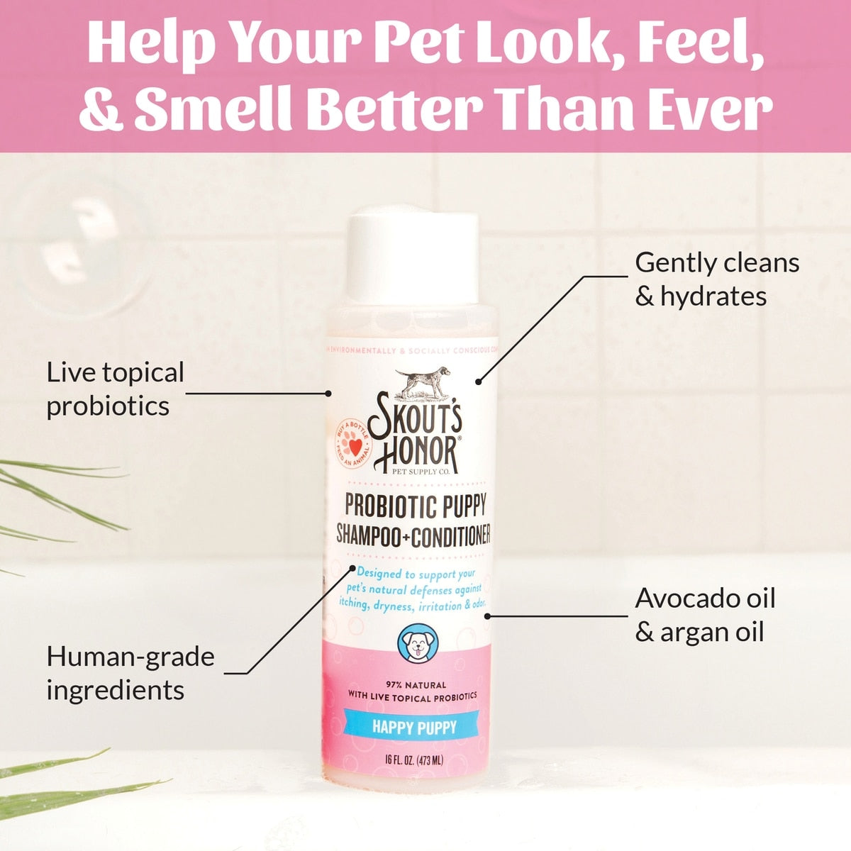 Skout's Honor Happy Puppy Probiotic Cat & Dog Shampoo & Conditioner, 16-fl oz bottle