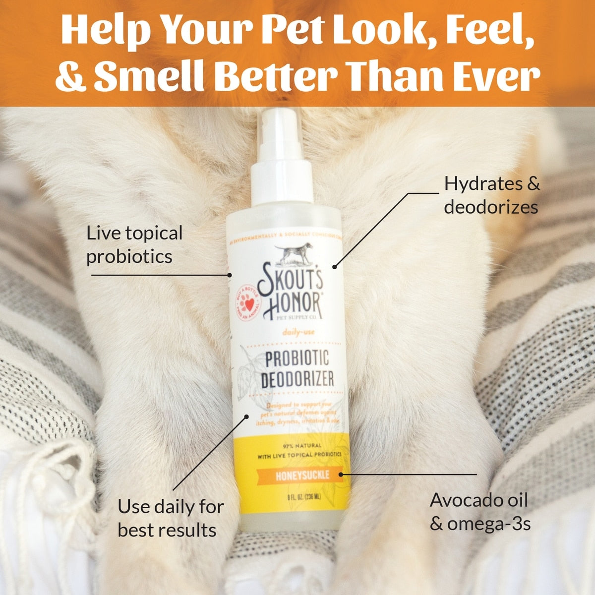 Skout's Honor Probiotic Honeysuckle Daily Use Pet Deodorizer, 8 fl. oz.