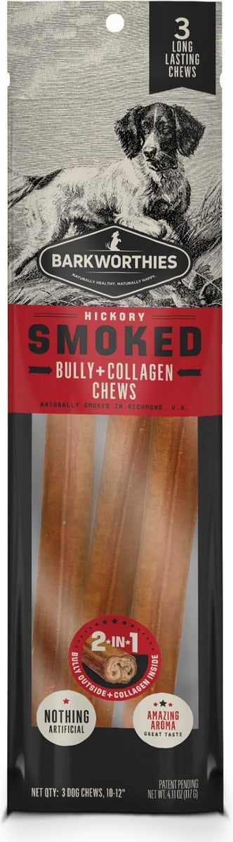 Barkworthies Smoked 10-in Bully + Collagen Dog Chews, 3 count