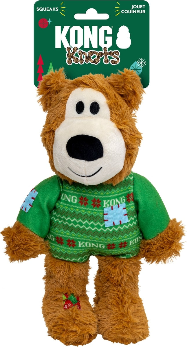 KONG Holiday Wild Knots Sweater Bear Squeaky Plush Dog Toy, Medium/Large