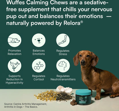 Wuffes Calming Stress Support with Relora, L-Tryptophan & Chamomile Pork Liver Flavored Soft Chew Supplement for Dogs