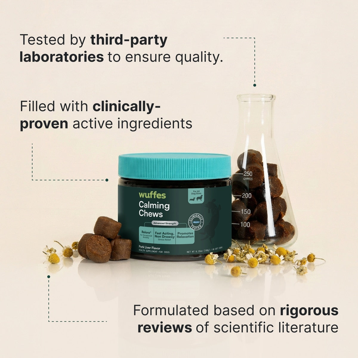Wuffes Calming Stress Support with Relora, L-Tryptophan & Chamomile Pork Liver Flavored Soft Chew Supplement for Dogs