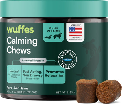 Wuffes Calming Stress Support with Relora, L-Tryptophan & Chamomile Pork Liver Flavored Soft Chew Supplement for Dogs