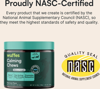 Wuffes Calming Stress Support with Relora, L-Tryptophan & Chamomile Pork Liver Flavored Soft Chew Supplement for Dogs