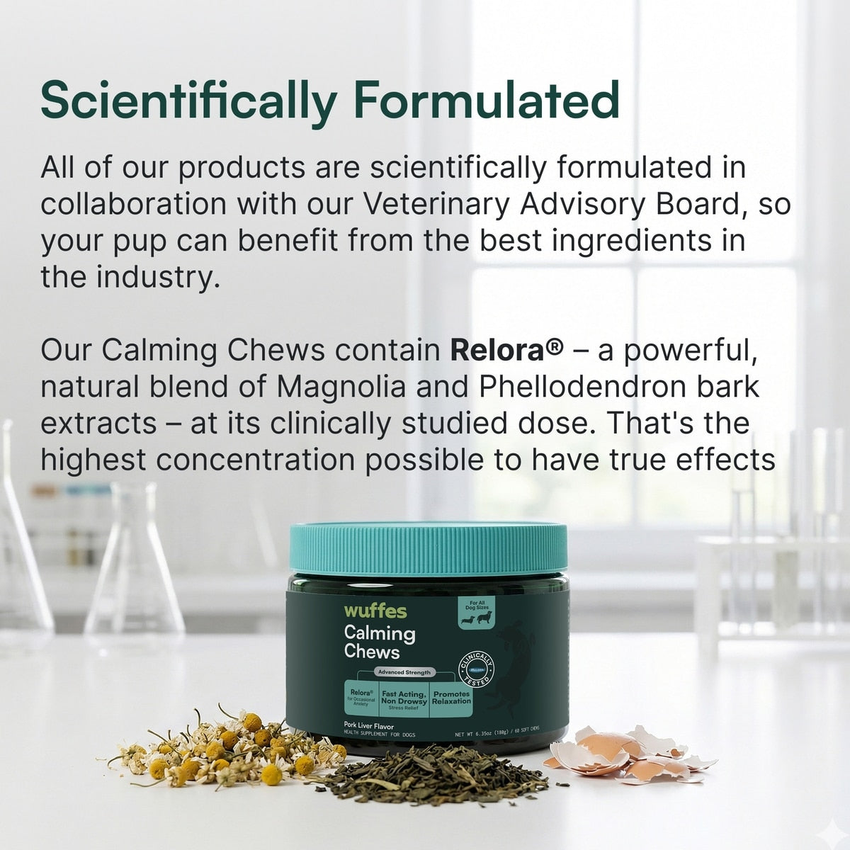Wuffes Calming Stress Support with Relora, L-Tryptophan & Chamomile Pork Liver Flavored Soft Chew Supplement for Dogs