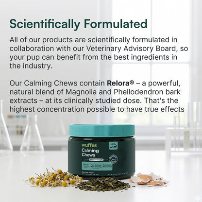 Wuffes Calming Stress Support with Relora, L-Tryptophan & Chamomile Pork Liver Flavored Soft Chew Supplement for Dogs