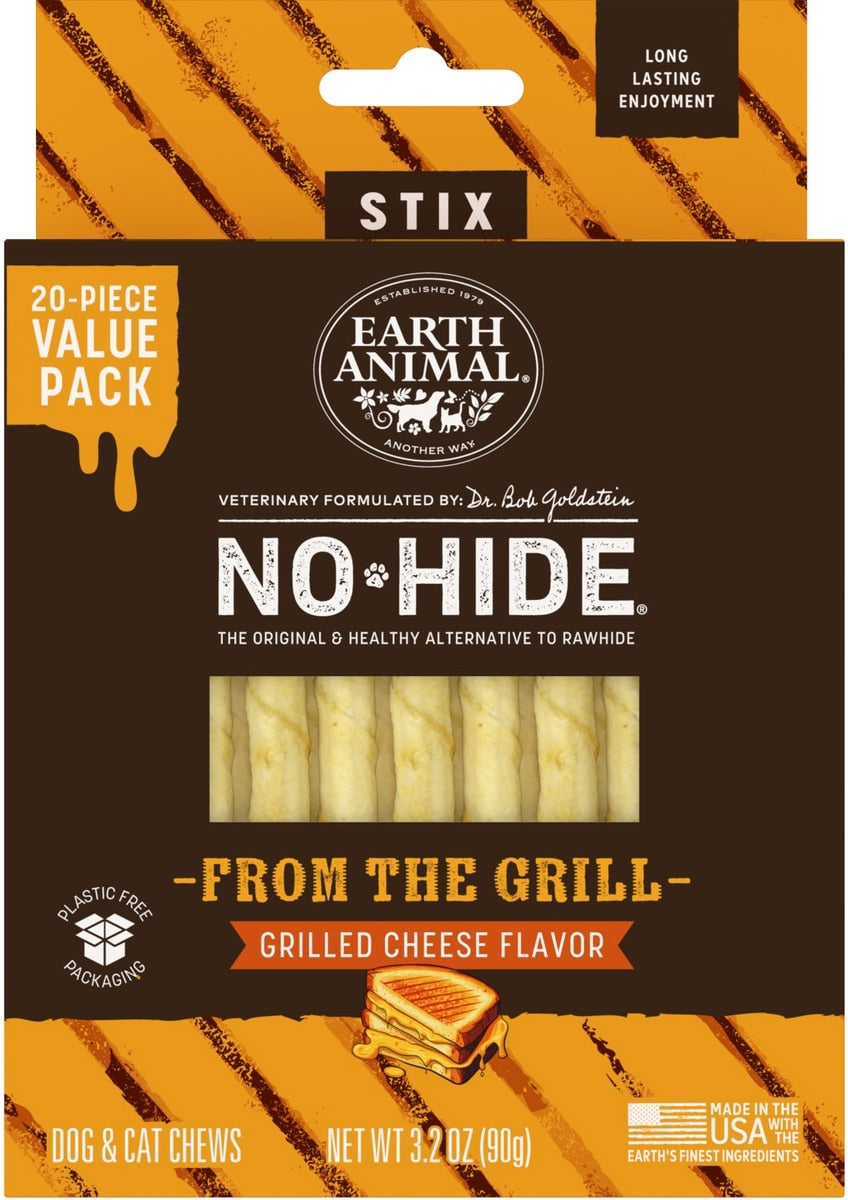Earth Animal No-Hide From the Grill Stix Long Lasting Natural Rawhide Free Grilled Cheese Vegetarian Flavor Dog & Cat Chew Treat Sticks
