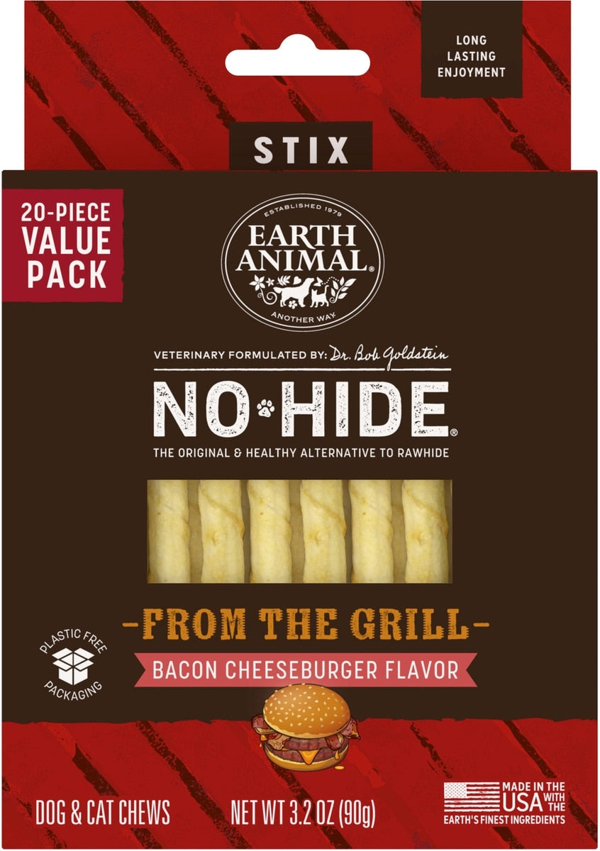 Earth Animal No-Hide From the Grill Stix Long Lasting Natural Rawhide Free Bacon Cheeseburger Flavor Dog & Cat Chew Treat Sticks
