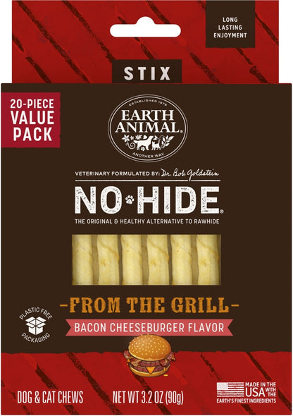 Earth Animal No-Hide From the Grill Stix Long Lasting Natural Rawhide Free Bacon Cheeseburger Flavor Dog & Cat Chew Treat Sticks