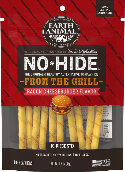 Earth Animal No-Hide From the Grill Stix Long Lasting Natural Rawhide Free Bacon Cheeseburger Flavor Dog & Cat Chew Treat Sticks