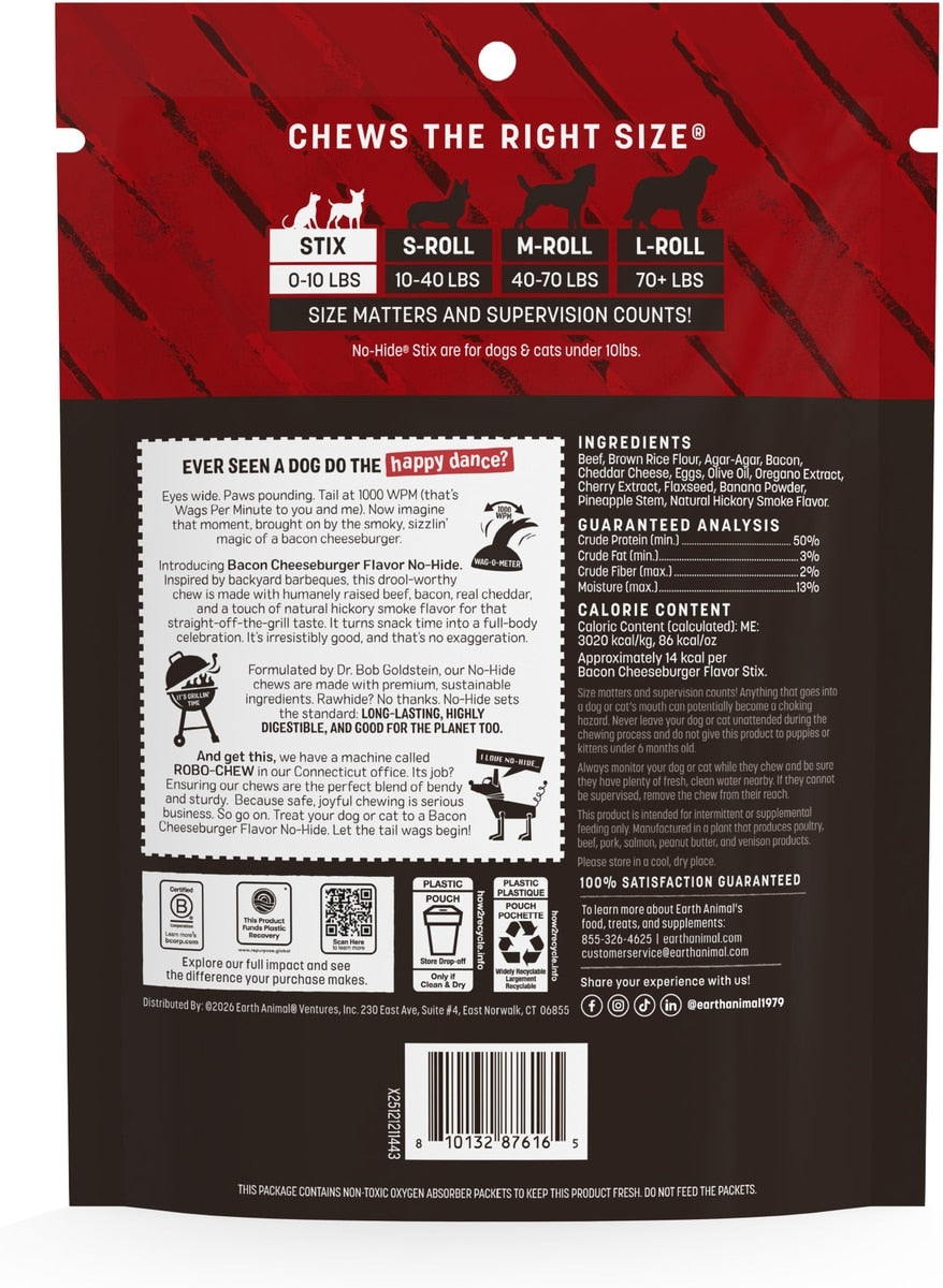 Earth Animal No-Hide From the Grill Stix Long Lasting Natural Rawhide Free Bacon Cheeseburger Flavor Dog & Cat Chew Treat Sticks