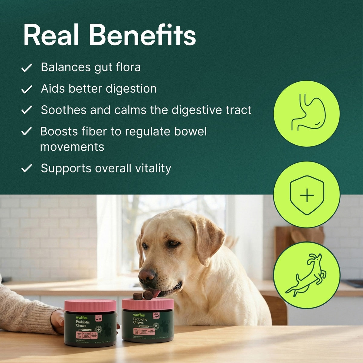 Wuffes Digestive Probiotics Gut Support with Digestive Enzymes Pork Liver Flavored Soft Chew Supplement for Dogs
