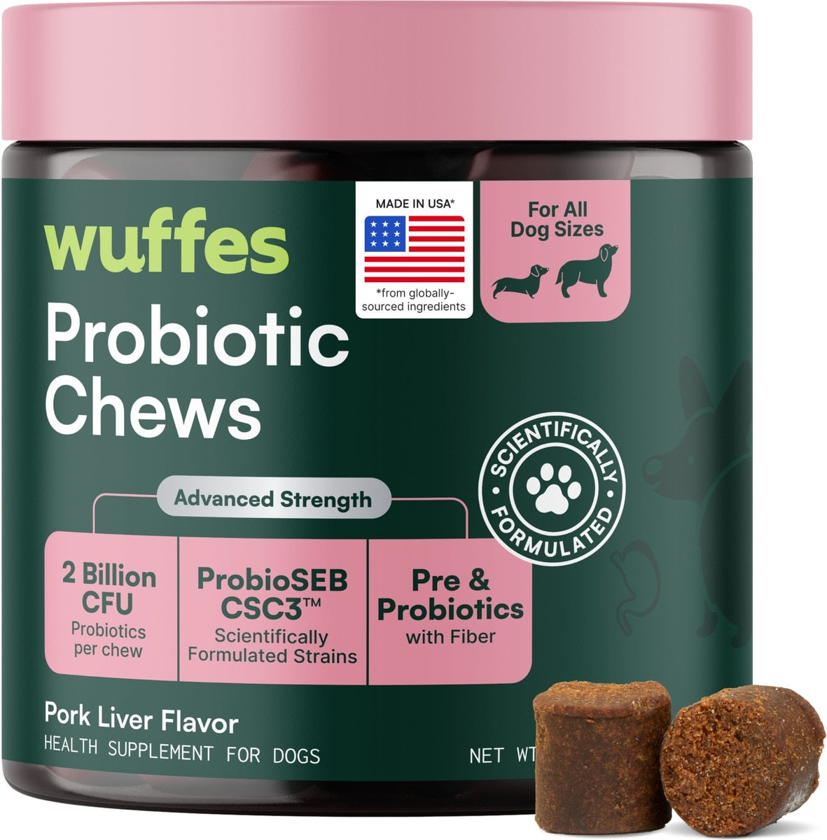 Wuffes Digestive Probiotics Gut Support with Digestive Enzymes Pork Liver Flavored Soft Chew Supplement for Dogs