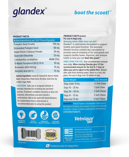 Vetnique Glandex for Dogs Anal Gland Support Peanut Butter Flavored Pumpkin Fiber Soft Chew Supplement for Dogs