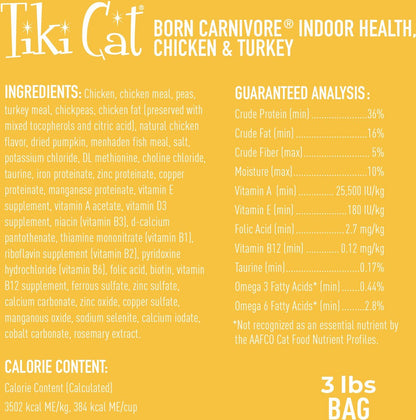 Tiki Cat Born Carnivore Grain Free Indoor Health Non-GMO Chicken and Turkey Dry Food