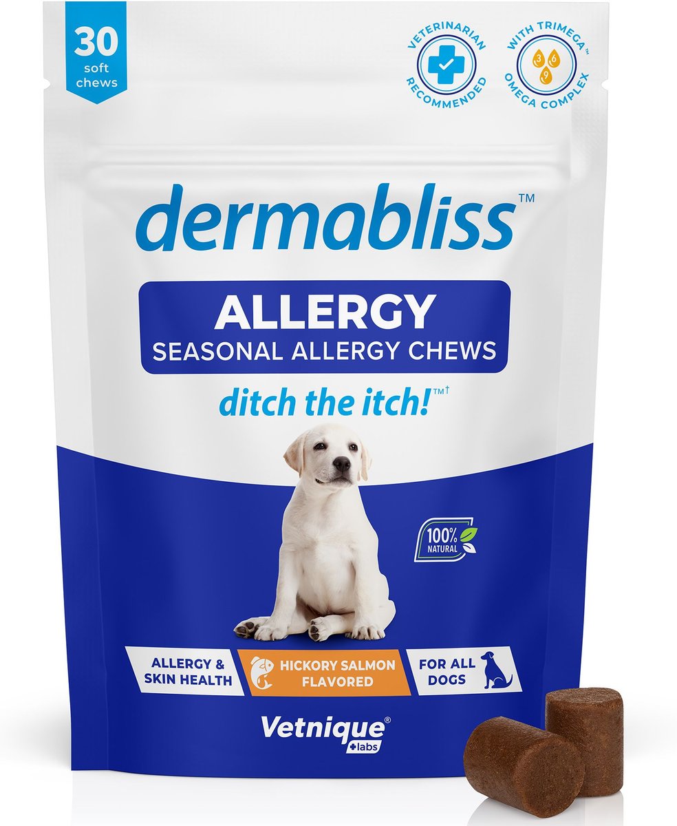 Vetnique Dermabliss Salmon Flavored Allergy Support and Fish Oil Soft Chew Supplement for Dogs