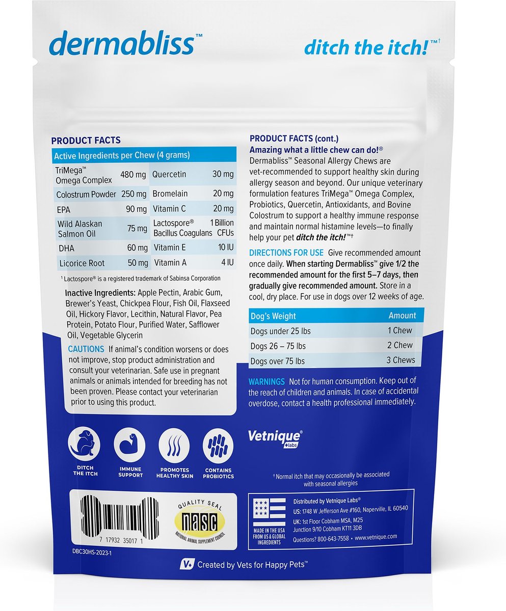 Vetnique Dermabliss Salmon Flavored Allergy Support and Fish Oil Soft Chew Supplement for Dogs
