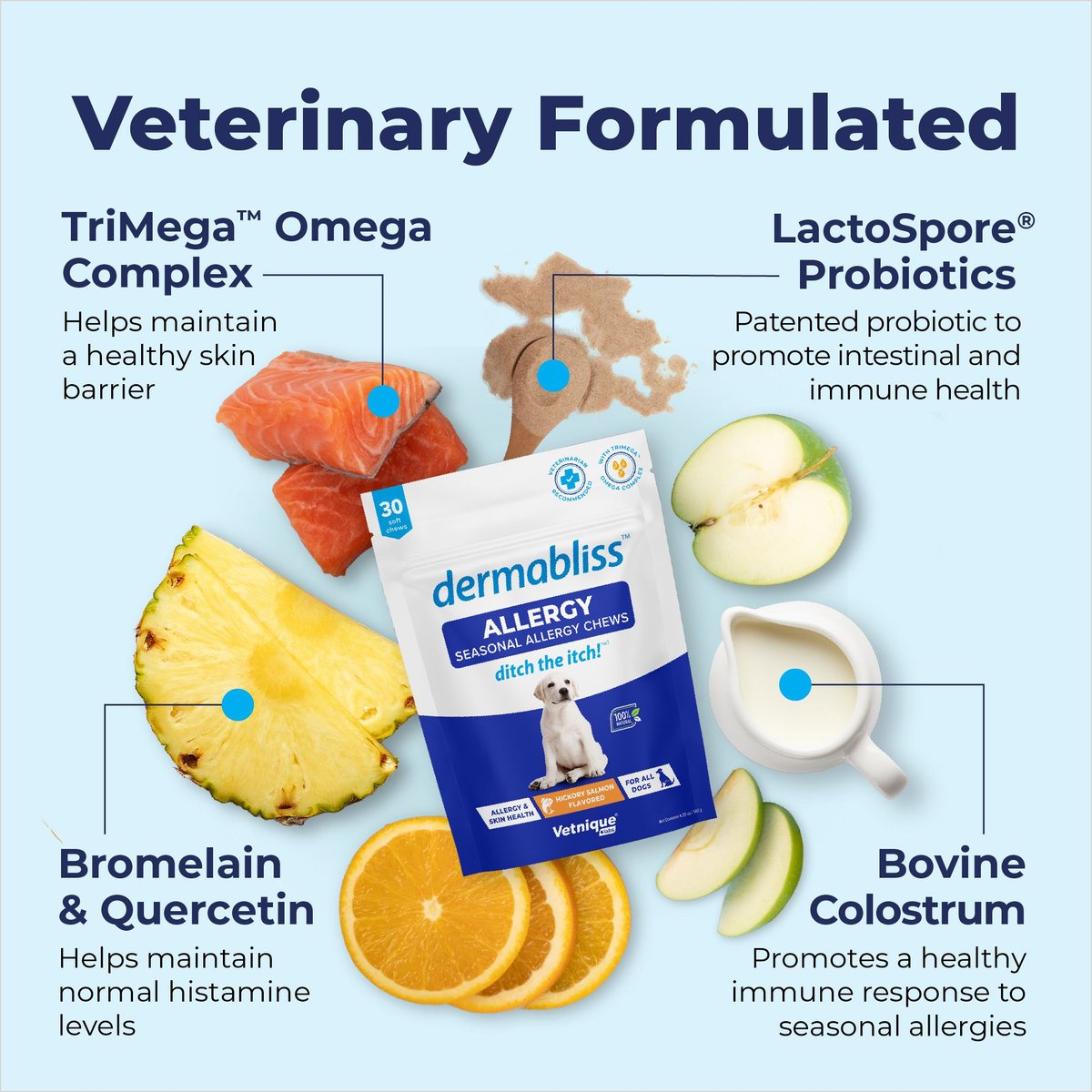 Vetnique Dermabliss Salmon Flavored Allergy Support and Fish Oil Soft Chew Supplement for Dogs