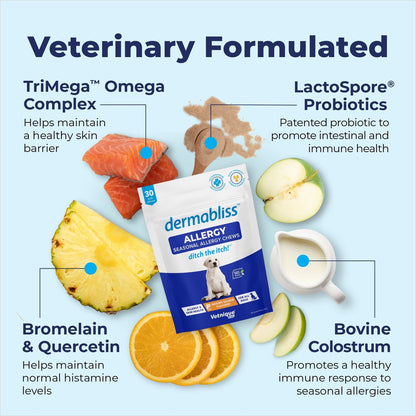 Vetnique Dermabliss Salmon Flavored Allergy Support and Fish Oil Soft Chew Supplement for Dogs