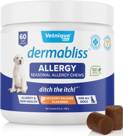 Vetnique Dermabliss Salmon Flavored Allergy Support and Fish Oil Soft Chew Supplement for Dogs