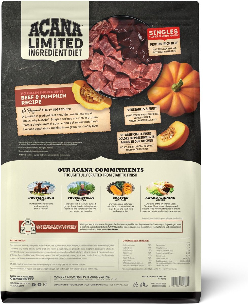 ACANA Singles Grain Free LID Beef & Pumpkin Dry Dog Food
