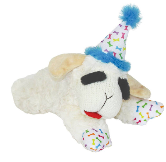 Multipet 10.5" Lamb Chop w/ Birthday Hat Plush Dog Toy, Blue
