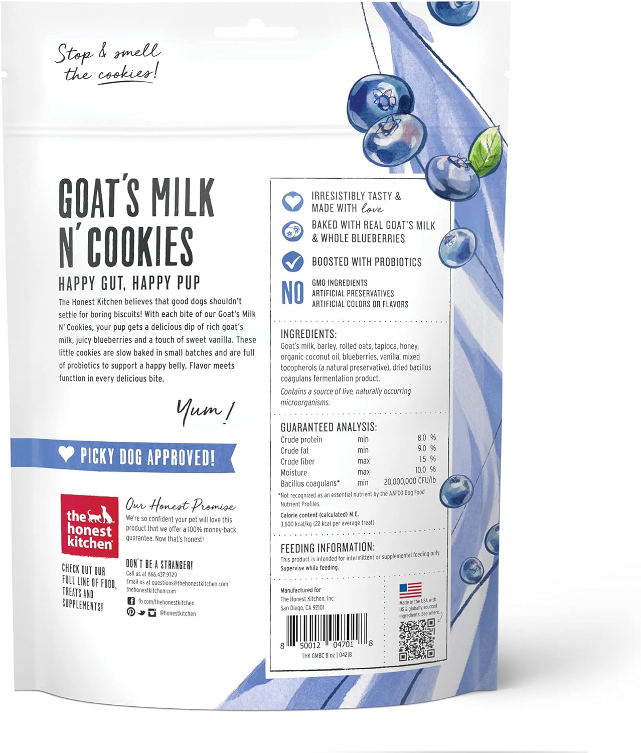 The Honest Kitchen Human Grade Goat's Milk N' Cookies Slow Baked with Blueberries & Vanilla Dog Treats, 8-oz bag