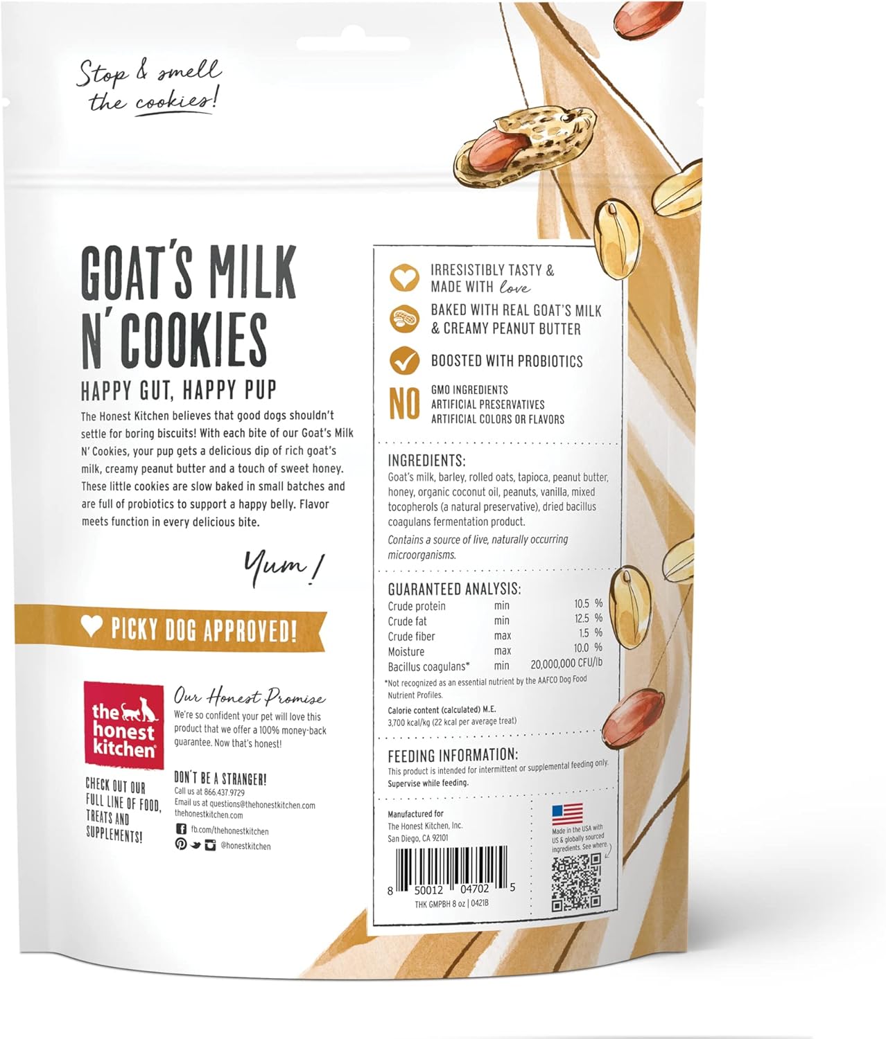 The Honest Kitchen Human Grade Goat's Milk N' Cookies Slow Baked with Peanut Butter & Honey Dog Treats, 8-oz bag