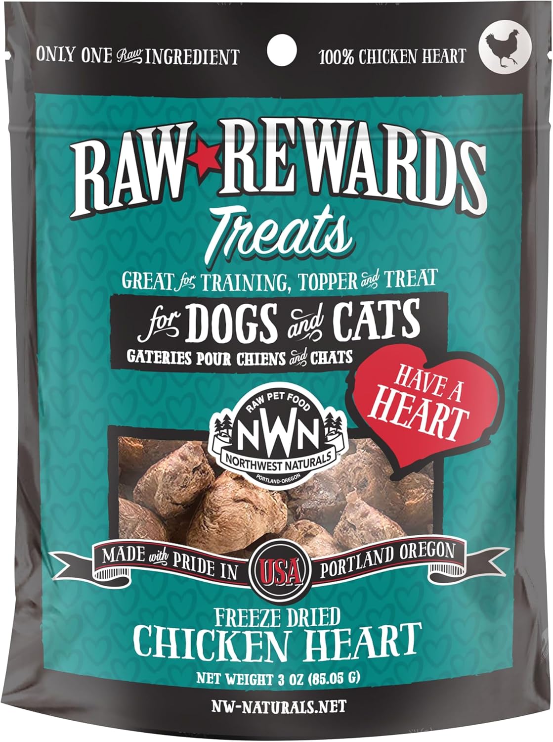 Northwest Naturals Raw Rewards Freeze Dried Chicken Heart Treats for Dogs and Cats