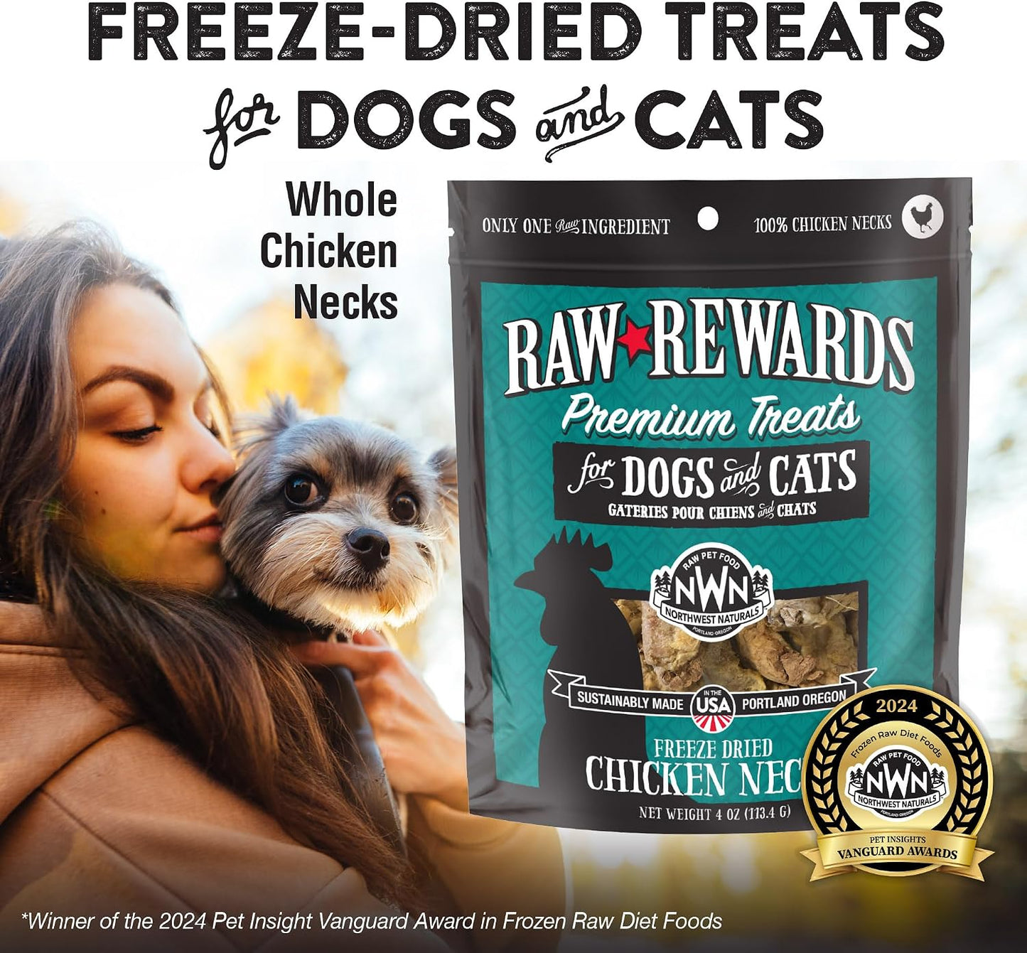 Northwest Naturals Raw Rewards Chicken Neck Freeze Dried Treats for Dogs and Cats