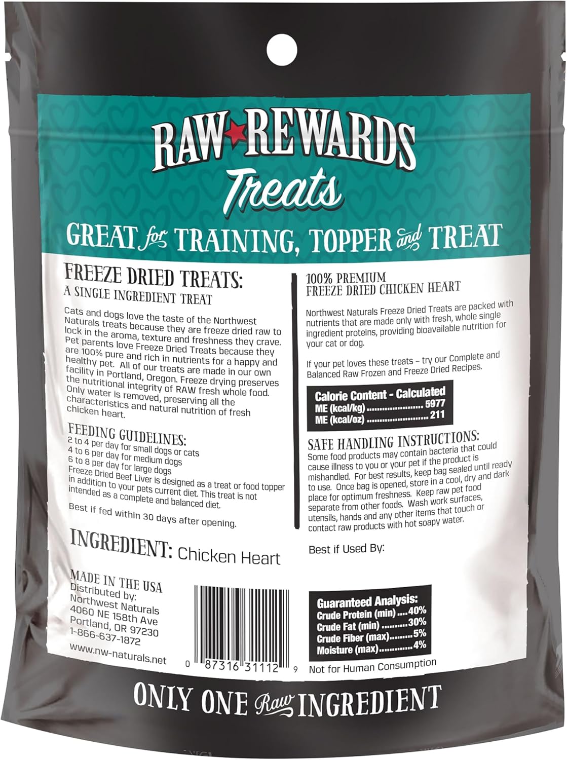 Northwest Naturals Raw Rewards Freeze Dried Chicken Heart Treats for Dogs and Cats