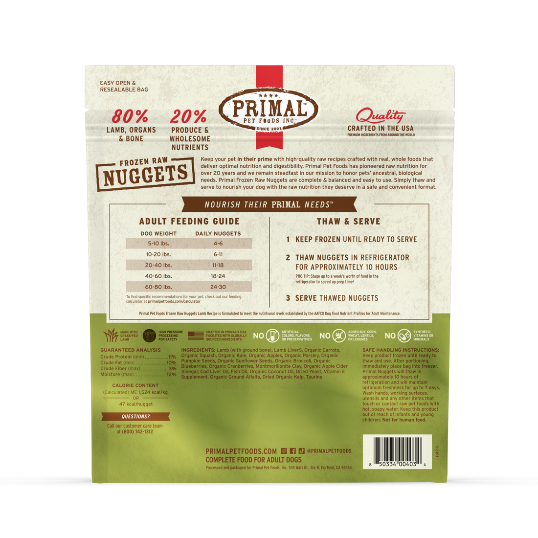Primal Lamb Formula Nuggets Frozen Dog Food