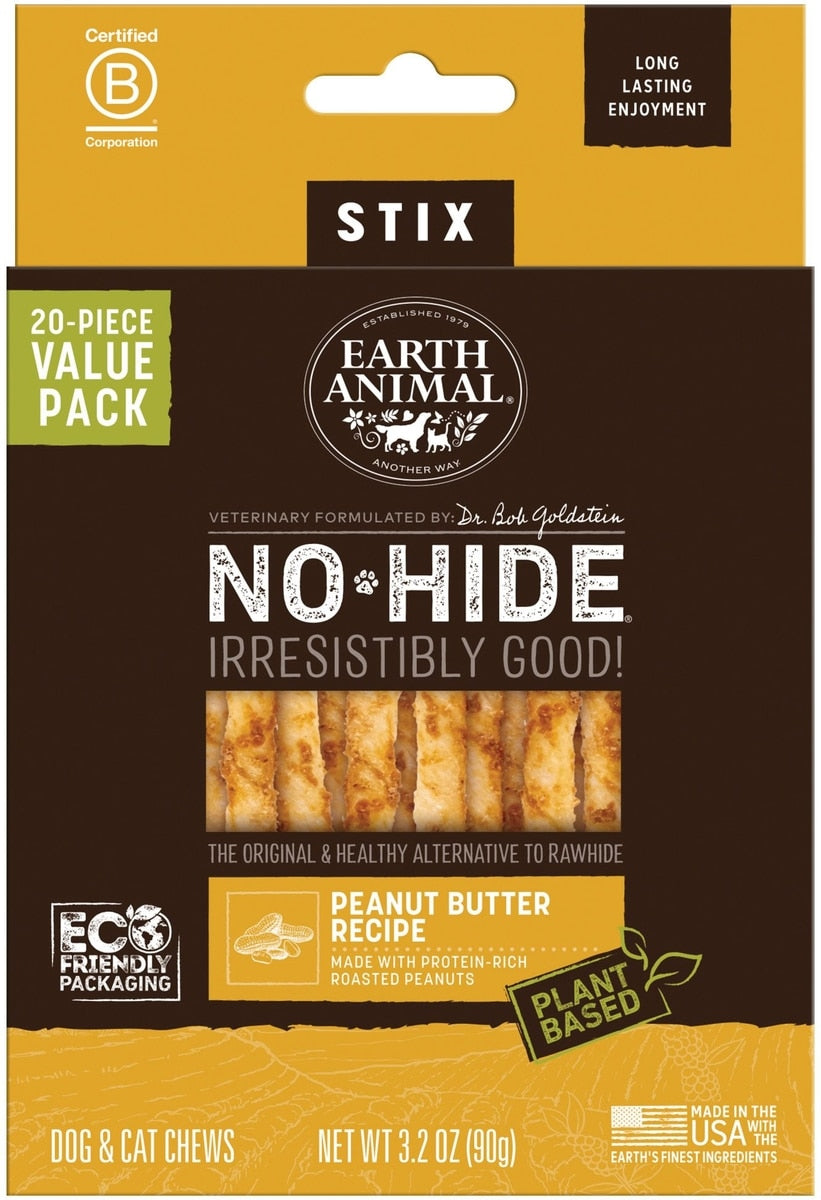 Earth Animal No-Hide Stix Peanut Butter Recipe Rawhide Alternative Chew Dog & Cat Treat Sticks