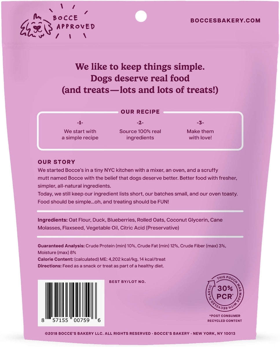 Bocce's Bakery Quack Quack Quack Duck & Blueberry Recipe Soft & Chewy Dog Treats, 6-oz bag