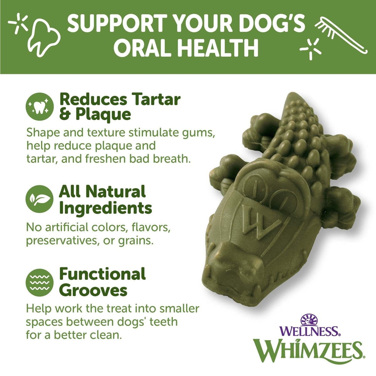 WHIMZEES by Wellness Alligator Dental Chews Natural Grain-Free Dental Dog Treats, Small