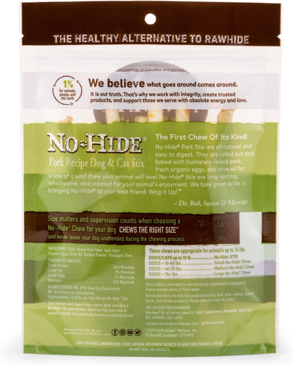 Earth Animal No-Hide Stix Pork Recipe Rawhide Alternative Chew Dog & Cat Treat Sticks