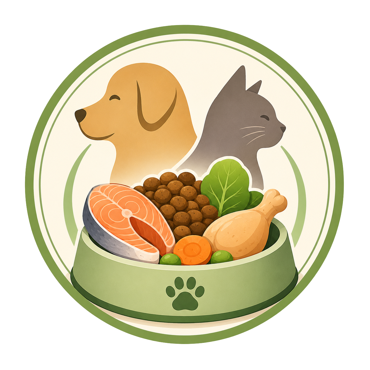 Illustration of a dog and cat with food items in a bowl on a white background