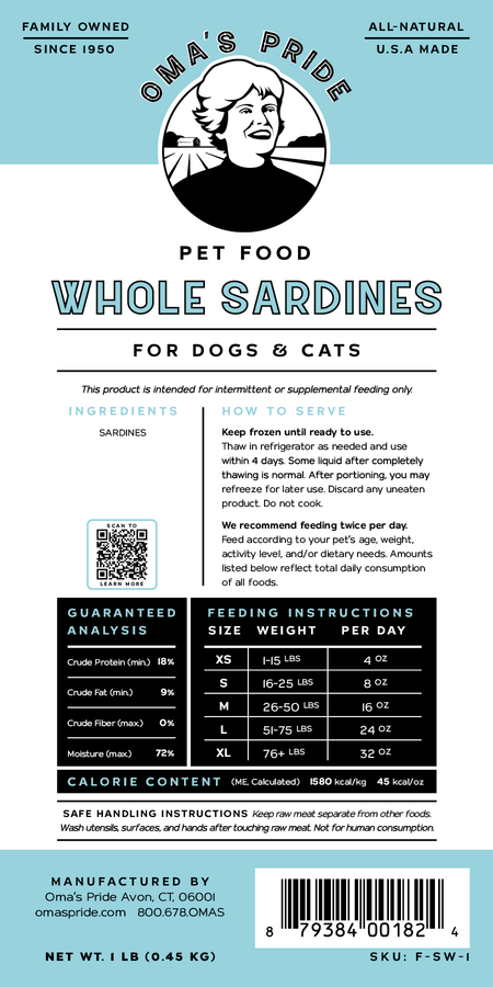 Oma's Pride Frozen Whole Sardines for Dogs and Cats