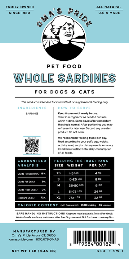 Oma's Pride Frozen Whole Sardines for Dogs and Cats